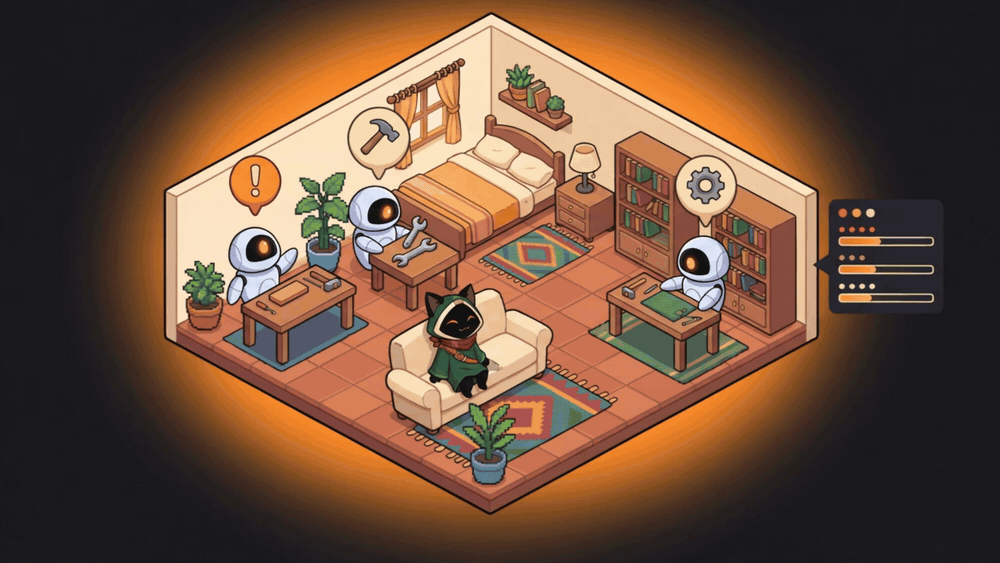 https://github.com/tonhowtf/omniget/blob/HEAD/Inside an isometric house with terracotta floors, three robot agents tinker at their own workbenches with tool balloons bobbing above them, one waves at the viewer with an exclamation balloon, a side panel fills its progress bars and Loop sways on the sofa