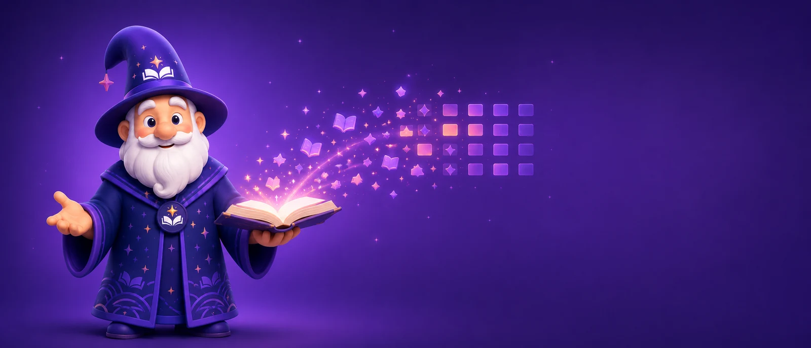 https://github.com/virgiliojr94/book-to-skill/blob/HEAD/Booklin, the book-to-skill wizard, holding an open book whose pages scatter into sparkles that settle into an ordered grid