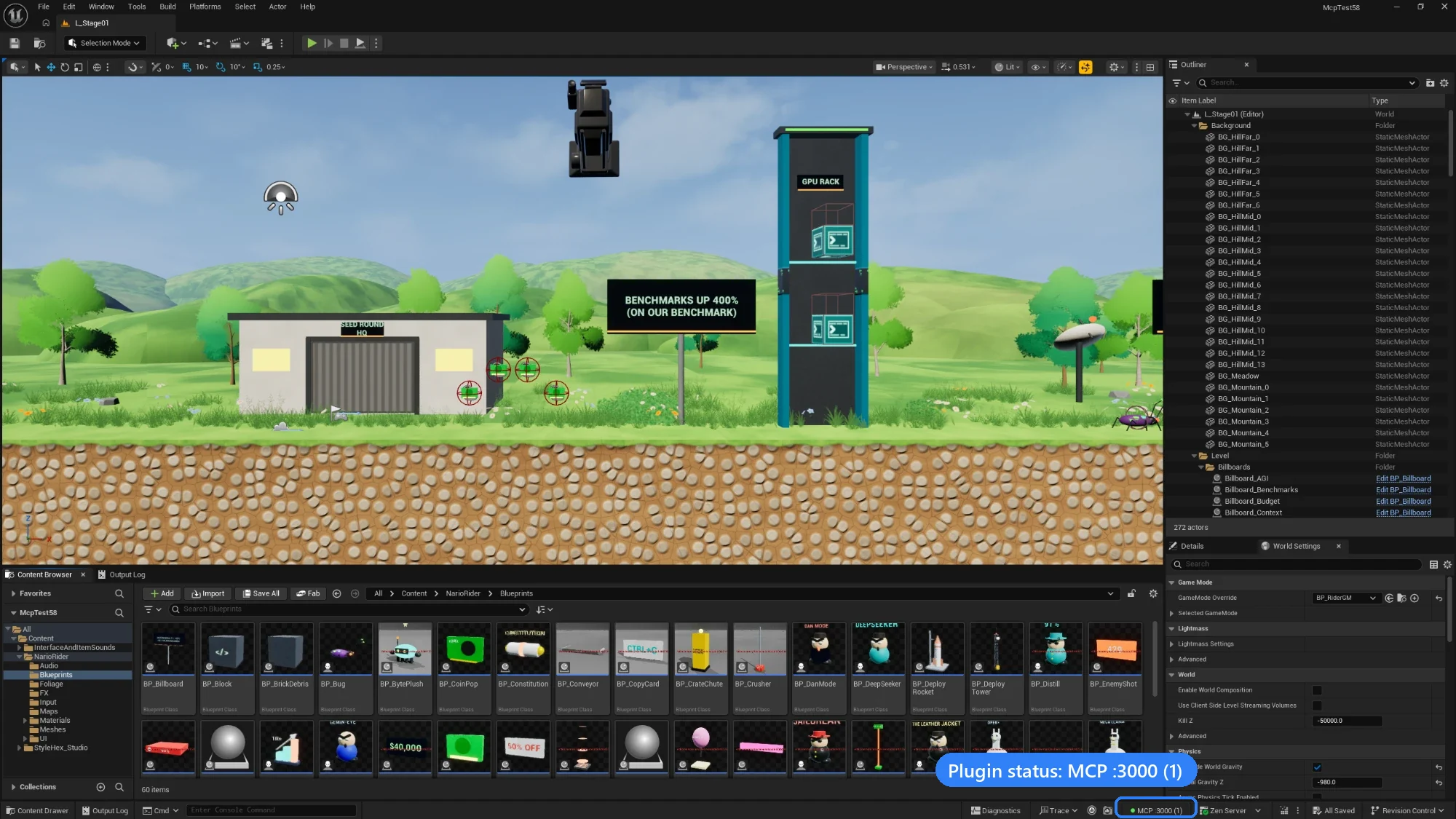 https://github.com/ChiR24/Unreal_mcp/blob/HEAD/Unreal Editor 5.8 showing a platformer level built with the MCP; the status bar reads MCP :3000 (1)