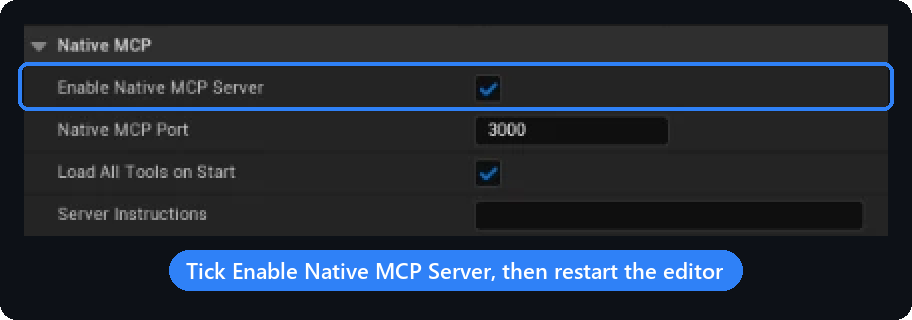 https://github.com/ChiR24/Unreal_mcp/blob/HEAD/The Native MCP section of the plugin settings, with Enable Native MCP Server ticked