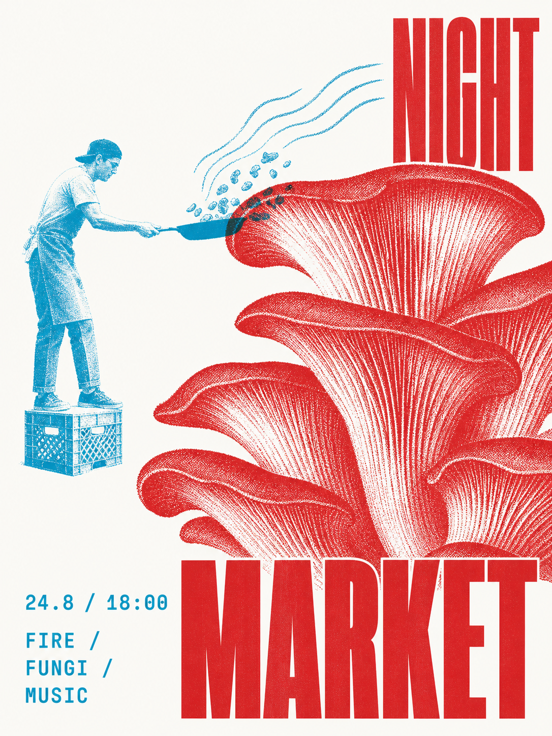 https://github.com/yanliudesign/mono-color-skill/blob/HEAD/Red and cyan mushroom night market poster